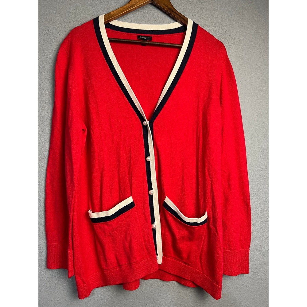Talbots Plus Red V-Neck Cardigan Sweater Pearl Buttons Contrast Trim 1X Retro